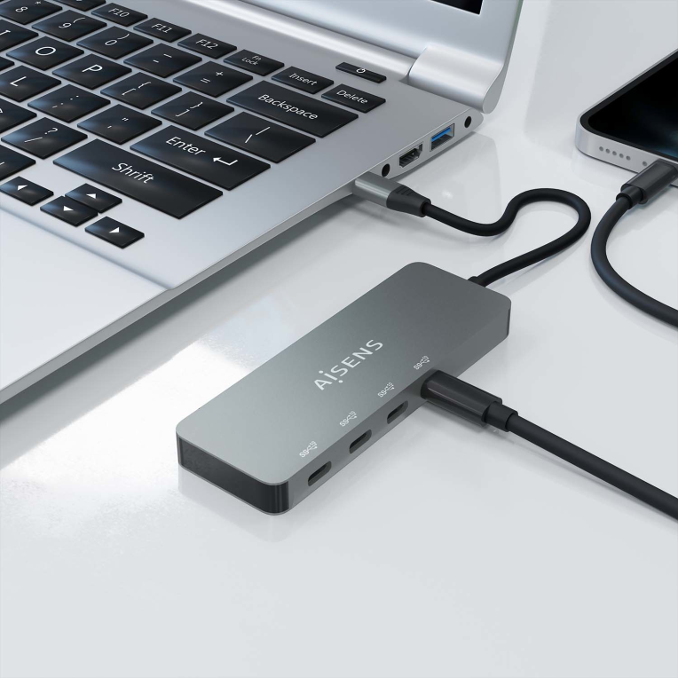 HUB AISENS USB 3.2 GEN2 10G USB-C/M-4XUSB-C/H 15CM GRIS - detalle