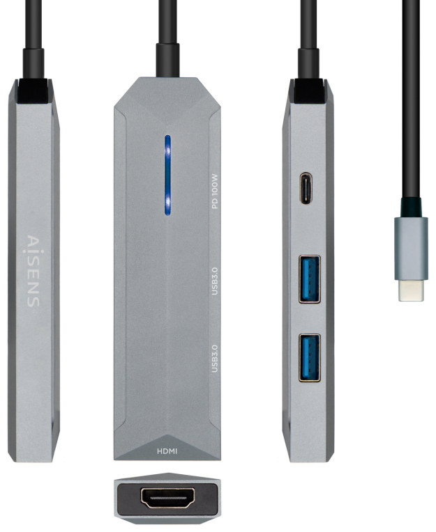 HUB AISENS USB-C DOCK 4 EN 1 USB-C A 1xHDMI 2xUSB 1xPD GRIS 15CM