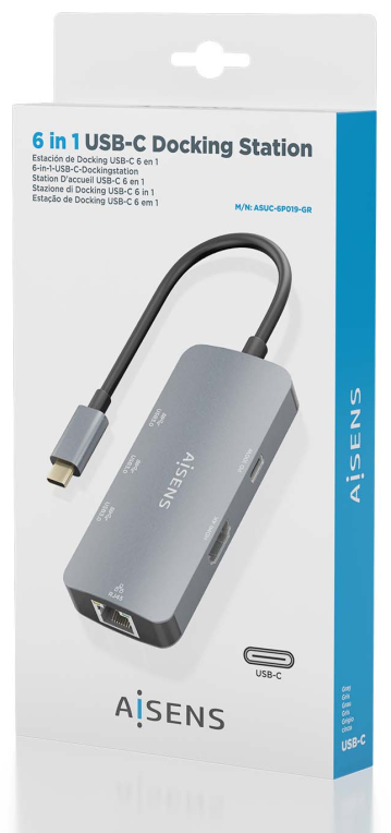 HUB AISENS USB-C DOCK 6 EN 1 USB-C A 1XHDMI 1XRJ45 3XUSB-A USB-C PD 15CM - detalle