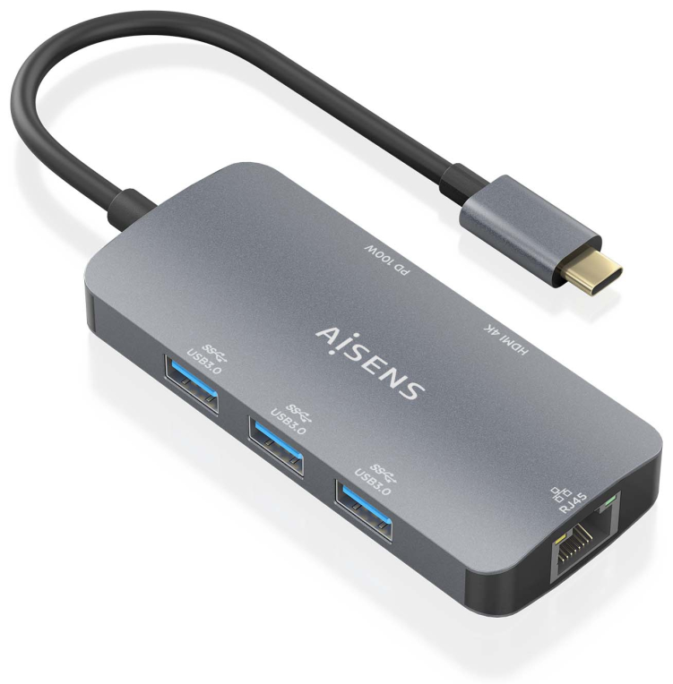 HUB AISENS USB-C DOCK 6 EN 1 USB-C A 1XHDMI 1XRJ45 3XUSB-A USB-C PD 15CM - detalle