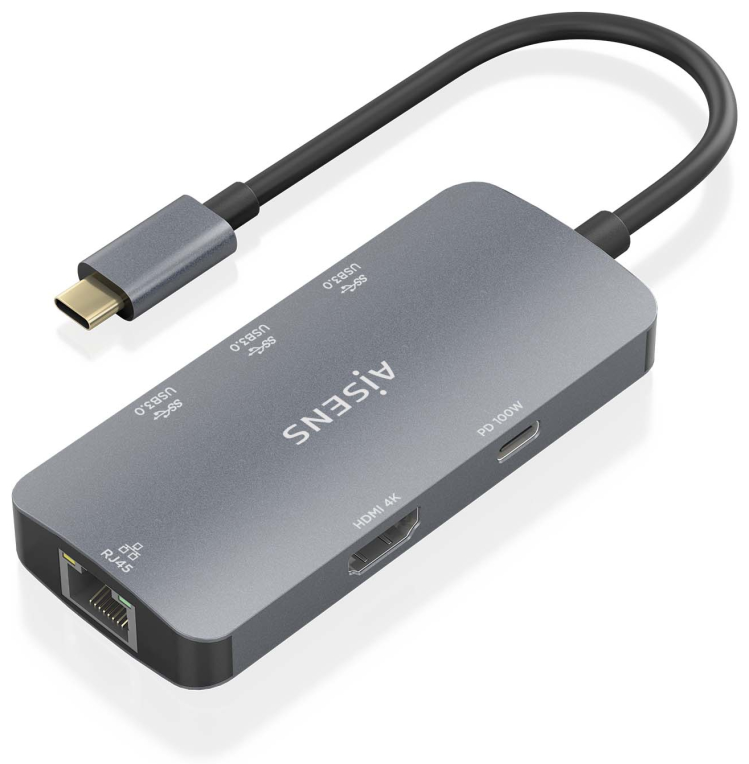 HUB AISENS USB-C DOCK 6 EN 1 USB-C A 1XHDMI 1XRJ45 3XUSB-A USB-C PD 15CM