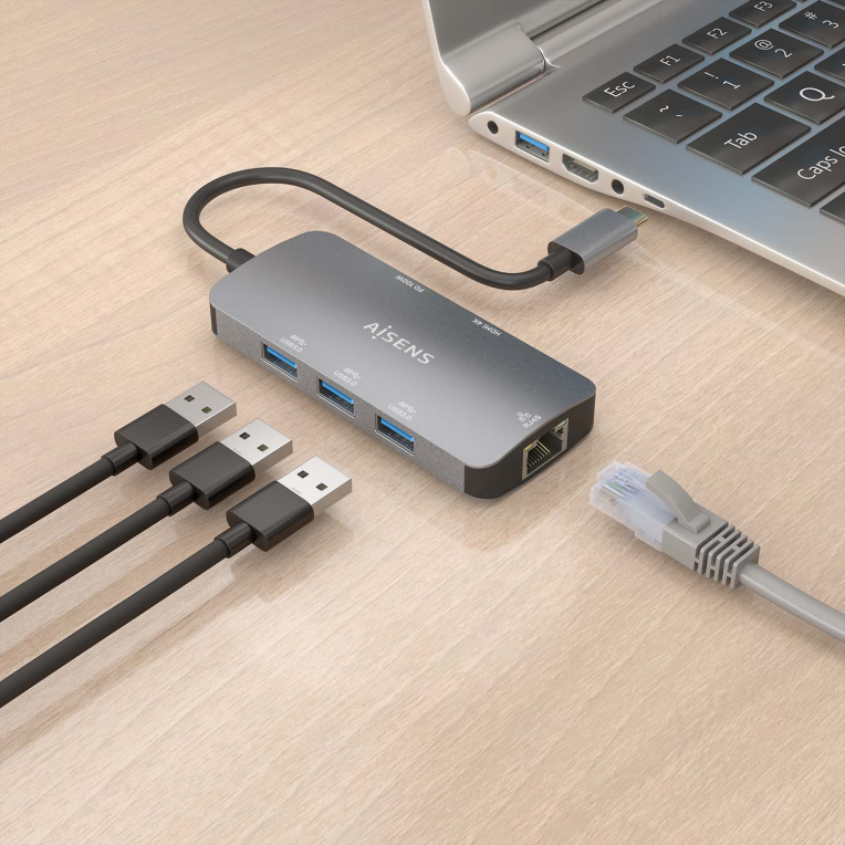 HUB AISENS USB-C DOCK 6 EN 1 USB-C A 1XHDMI 1XRJ45 3XUSB-A USB-C PD 15CM - detalle