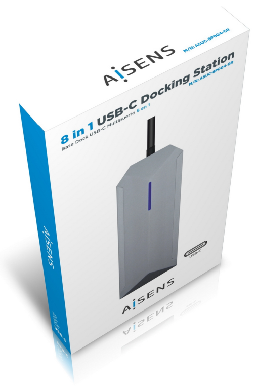 HUB AISENS USB-C DOCK 8 EN 1 USB-C 1xHDMI 1xRJ45 3xUSB 1xPD 1xSD 1xMICR-SD 15CM - detalle