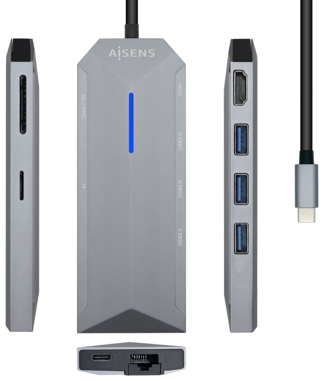 HUB AISENS USB-C DOCK 8 EN 1 USB-C 1xHDMI 1xRJ45 3xUSB 1xPD 1xSD 1xMICR-SD 15CM