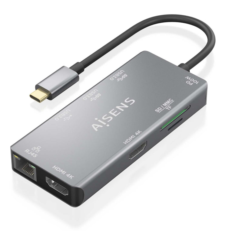 AISENS ASUC-9P018-GR base para portátil y replicador de puertos Alámbrico USB 3.2 Gen 1 (3.1 Gen 1) Type-C