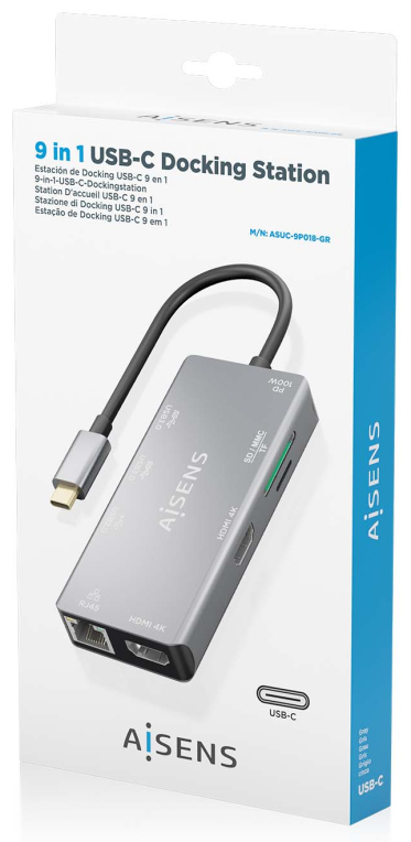 HUB AISENS USB-C DOCK 9 EN 1 USB-C 2XHDMI RJ45 2XUSB-A 3.0 USB-A 2.0 PD - detalle