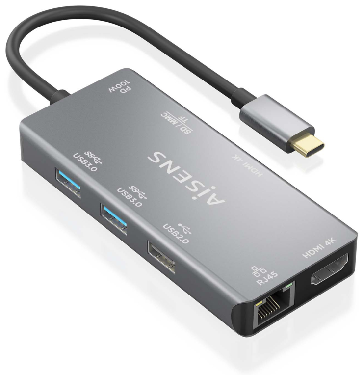 HUB AISENS USB-C DOCK 9 EN 1 USB-C 2XHDMI RJ45 2XUSB-A 3.0 USB-A 2.0 PD - detalle