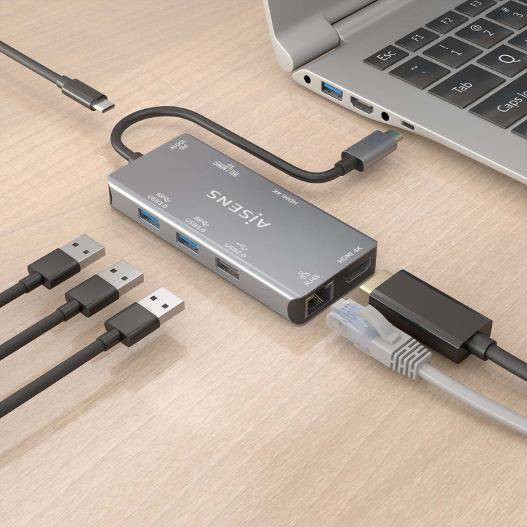 HUB AISENS USB-C DOCK 9 EN 1 USB-C 2XHDMI RJ45 2XUSB-A 3.0 USB-A 2.0 PD - detalle