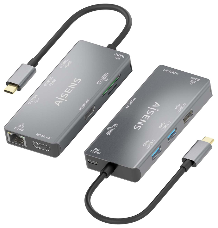 HUB AISENS USB-C DOCK 9 EN 1 USB-C 2XHDMI RJ45 2XUSB-A 3.0 USB-A 2.0 PD - detalle