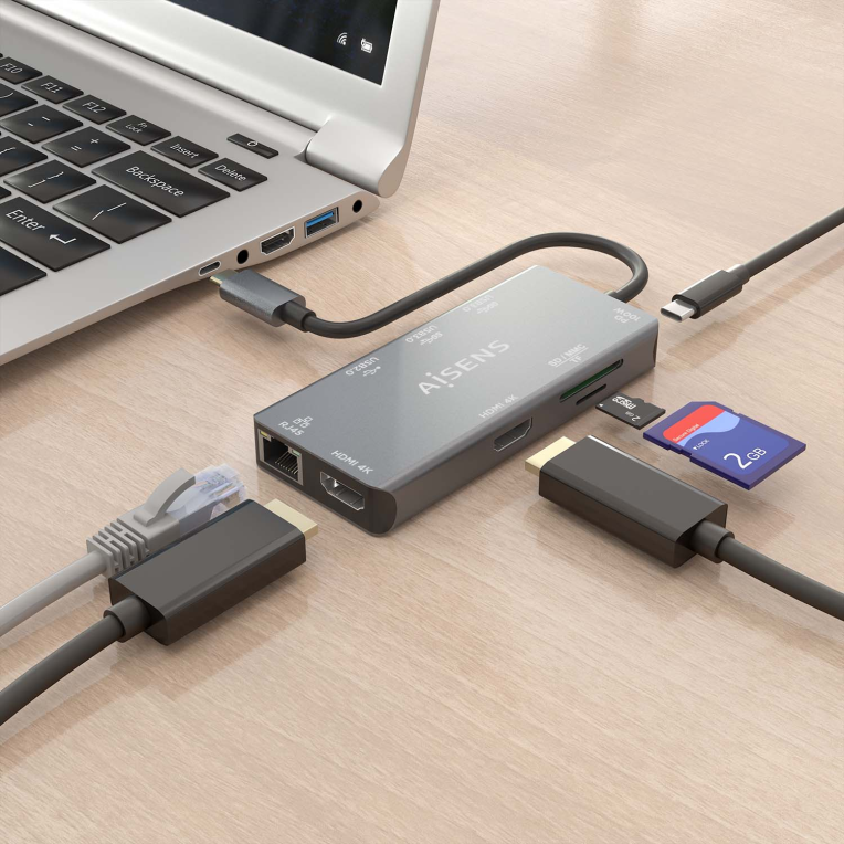 HUB AISENS USB-C DOCK 9 EN 1 USB-C 2XHDMI RJ45 2XUSB-A 3.0 USB-A 2.0 PD - detalle