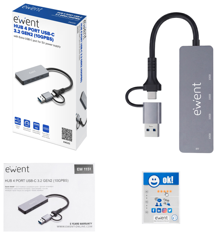 HUB EWENT EW1151 USB-C USB-A 4 PUERTOS 10GBPS - detalle