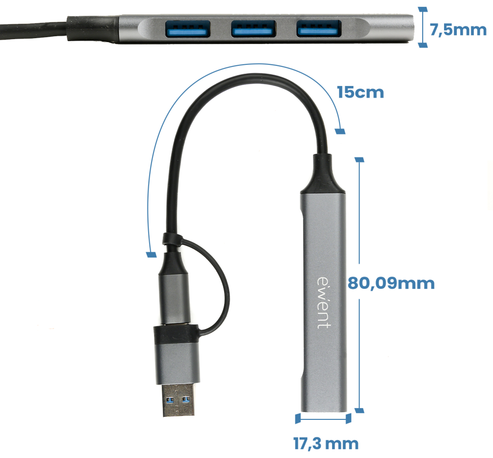 HUB EWENT EW1154 USB-C 3.2 GEN1 5GBPS 1XUSB-A 3.2 3XUSB-A 2.0 ALUMINIO - detalle