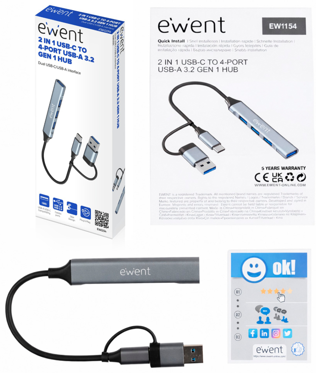 HUB EWENT EW1154 USB-C 3.2 GEN1 5GBPS 1XUSB-A 3.2 3XUSB-A 2.0 ALUMINIO - detalle