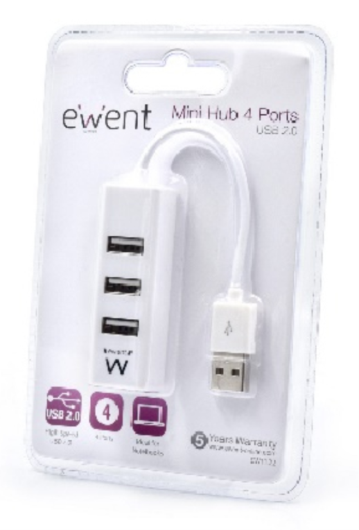 HUB EWENT USB 2.0 HIGH SPEED USB-A 4 PUERTOS BLANCO - detalle
