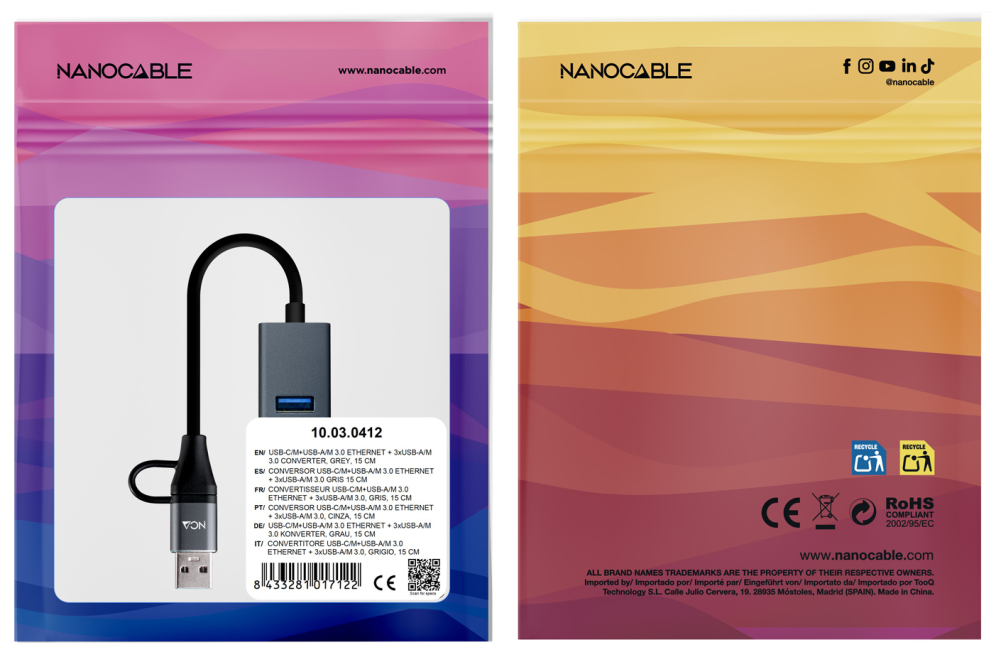 HUB NANOCABLE 10.03.0412 USB-C+USB-A 3.0 ETHERNET 3XUSB-A 3.0 GRIS - detalle