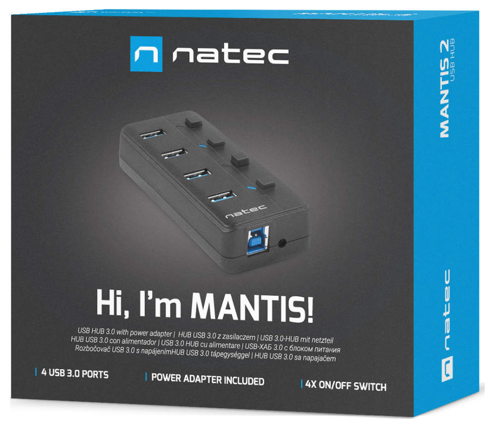 HUB NATEC MANTIS 2 USB 3.0 4 PUERTOS ON OFF CON ALIMENTADOR - detalle