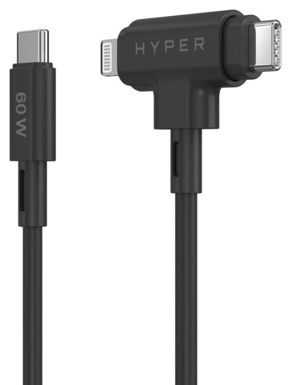 HYPER SILICONE USB-C TO USB-C AND LIGHTNING HYBRID 60W CABLE - BLACK - detalle