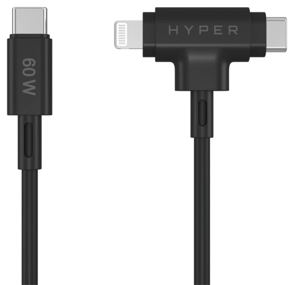 HYPER SILICONE USB-C TO USB-C AND LIGHTNING HYBRID 60W CABLE - BLACK - detalle