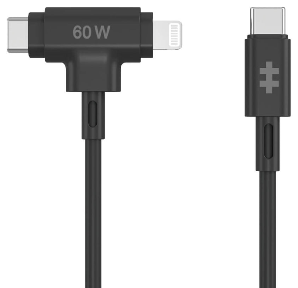 HYPER SILICONE USB-C TO USB-C AND LIGHTNING HYBRID 60W CABLE - BLACK