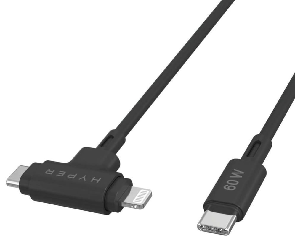 HYPER SILICONE USB-C TO USB-C AND LIGHTNING HYBRID 60W CABLE - BLACK - detalle