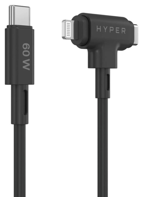HYPER SILICONE USB-C TO USB-C AND LIGHTNING HYBRID 60W CABLE - BLACK - detalle