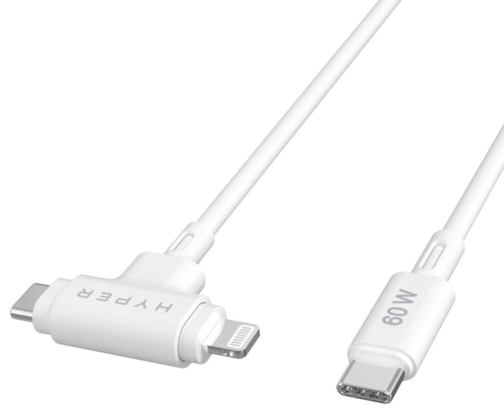 HYPER SILICONE USB-C TO USB-C AND LIGHTNING HYBRID 60W CABLE - WHITE - detalle