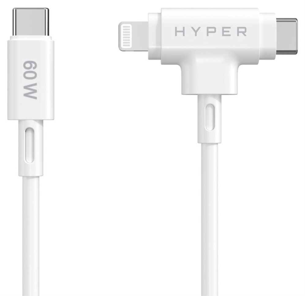 HYPER SILICONE USB-C TO USB-C AND LIGHTNING HYBRID 60W CABLE - WHITE - detalle