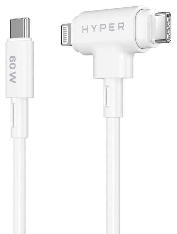 HYPER SILICONE USB-C TO USB-C AND LIGHTNING HYBRID 60W CABLE - WHITE - detalle