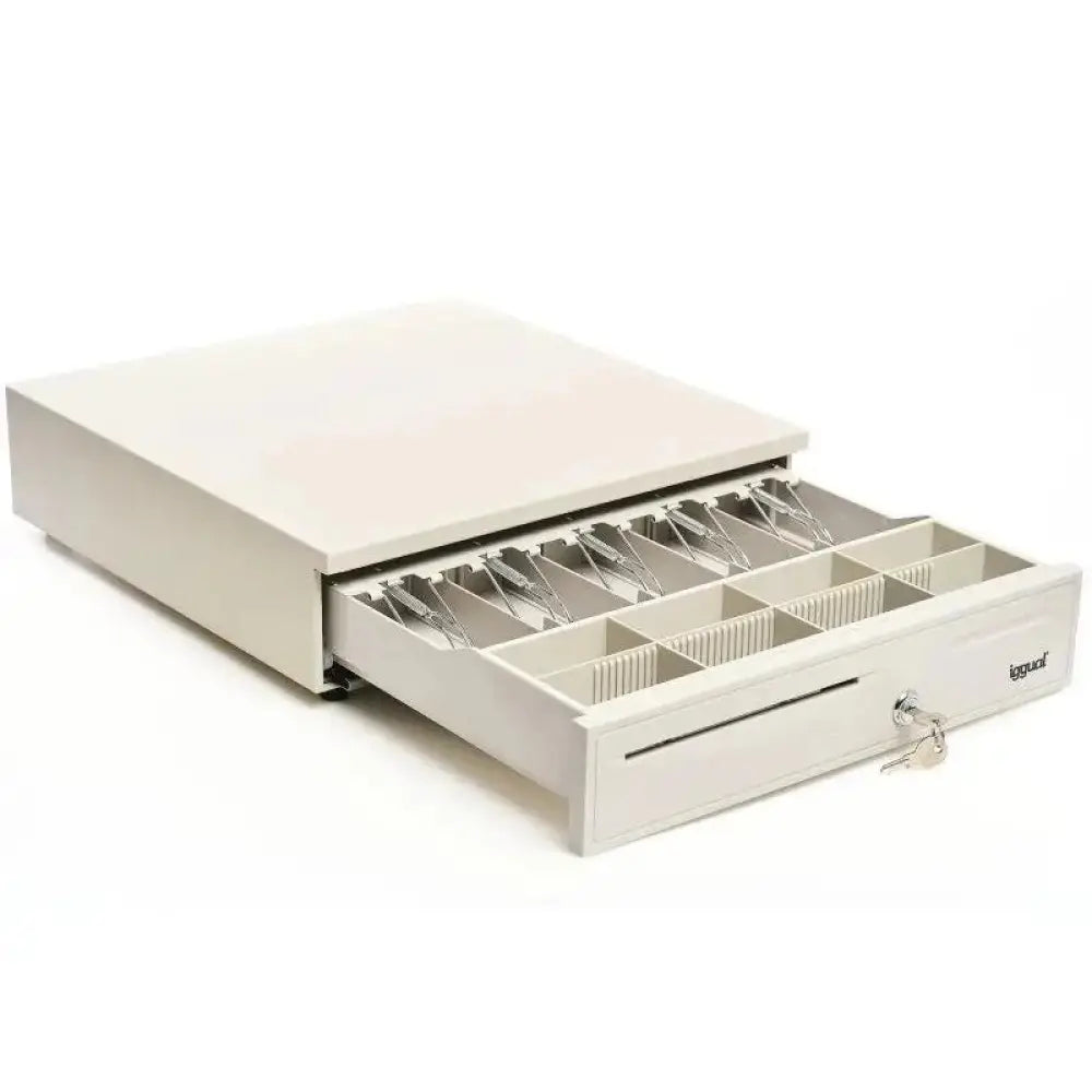Cajón portamonedas IGGUAL IRON-50W blanco, de 42 cm y 5+8 compartimentos, para efectivo en comercio o caja registradora
