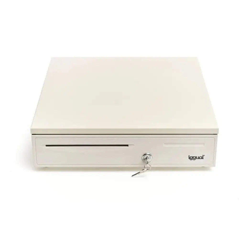 Cajón portamonedas IGGUAL IRON-50W en color blanco, de 42 cm para efectivo y monedas, para sistemas de caja registradora.