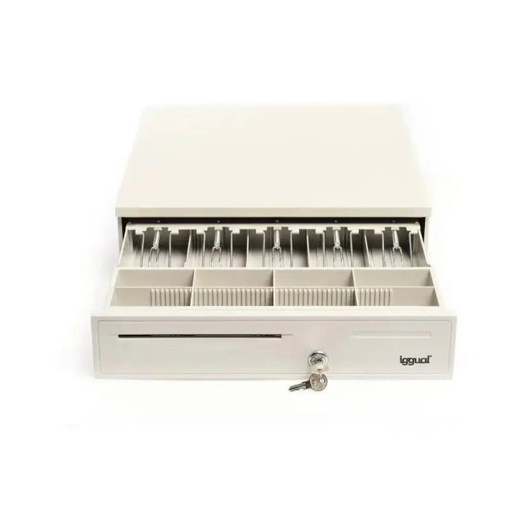 Cajón portamonedas IGGUAL IRON-50W blanco de 42cm, con compartimentos para efectivo y monedas, para sistemas de caja registradora