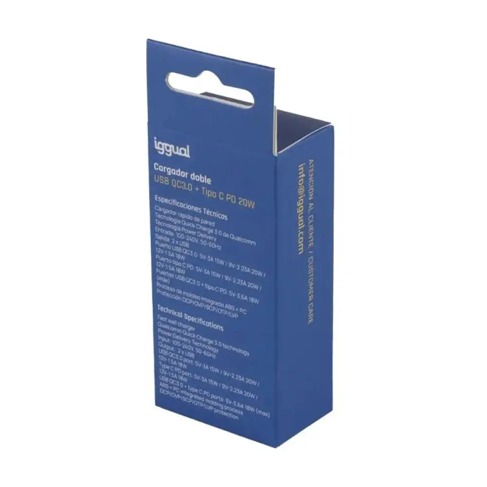 iggual Cargador doble USB QC3.0 + tipo C PD 20W - detalle