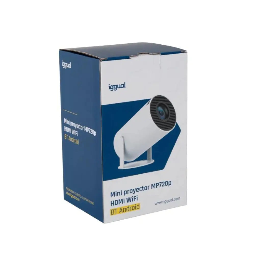 Proyector IGGUAL Mini con resolución MP720p, conexión HDMI, WiFi, Bluetooth y compatibilidad con Android, en uso en un ambiente de hogar.
