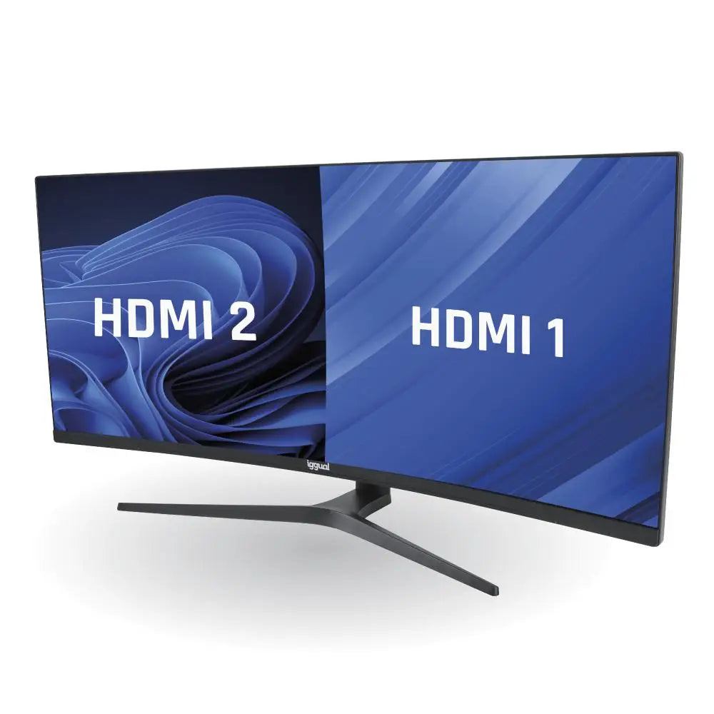 Monitor LED IGGUAL de 34 pulgadas con pantalla curva UWQHD, tiempo de respuesta 1ms, puertos 2DP y 2 HDMI.