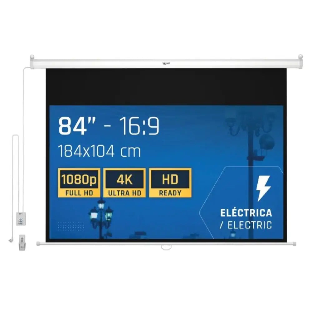 Pantalla eléctrica IGGUAL 16:9 de 84" con dimensiones 184x104 cm, pantalla interactiva para presentaciones y aulas
