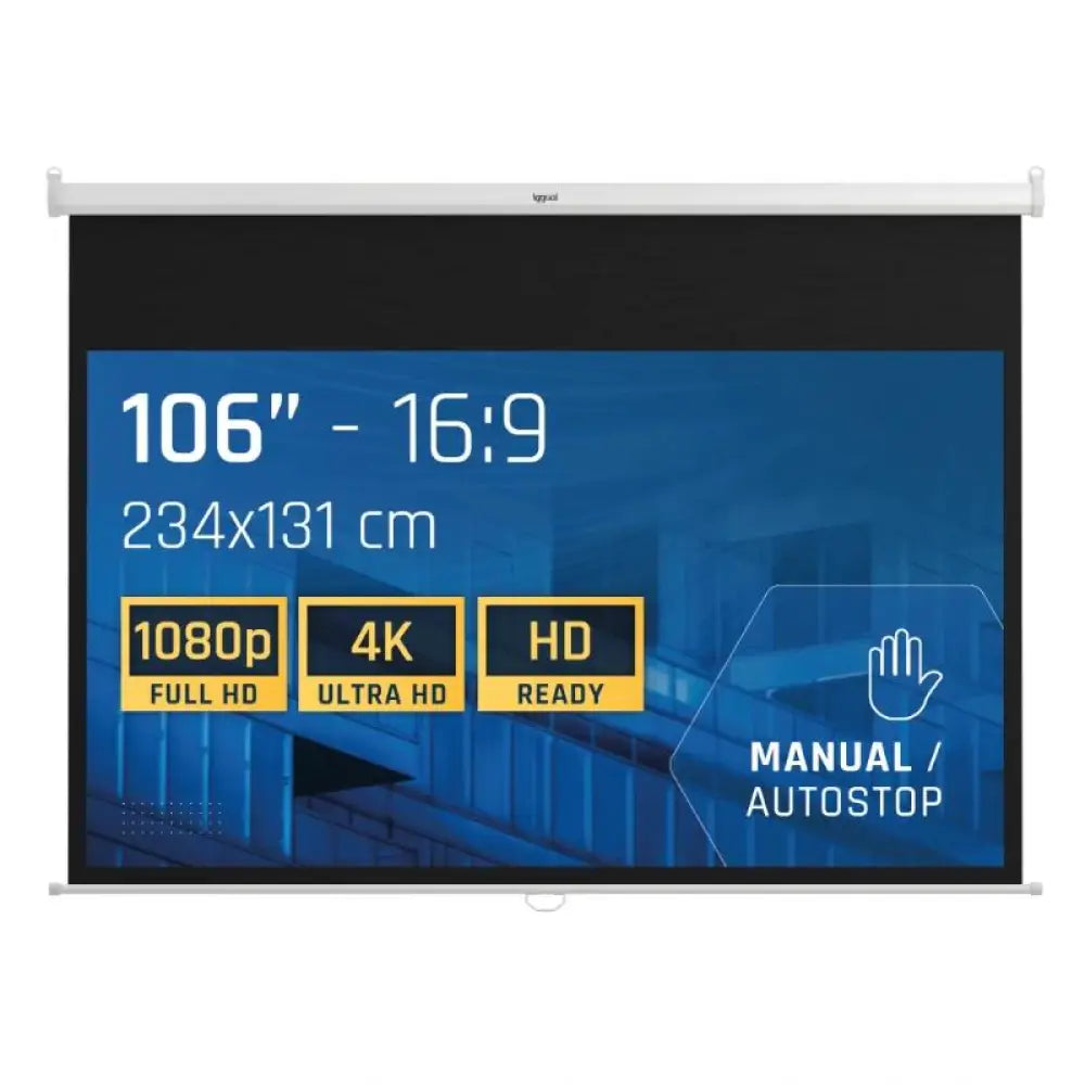 Pantalla manual IGGUAL de 106 pulgadas con relación 16:9, tamaño 234x131 cm, ideal para pantallas interactivas.