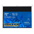 Pantalla manual interactiva IGGUAL de 72 pulgadas, formato 16:9, tamaño 159x89 cm, con superficie visible y marco.