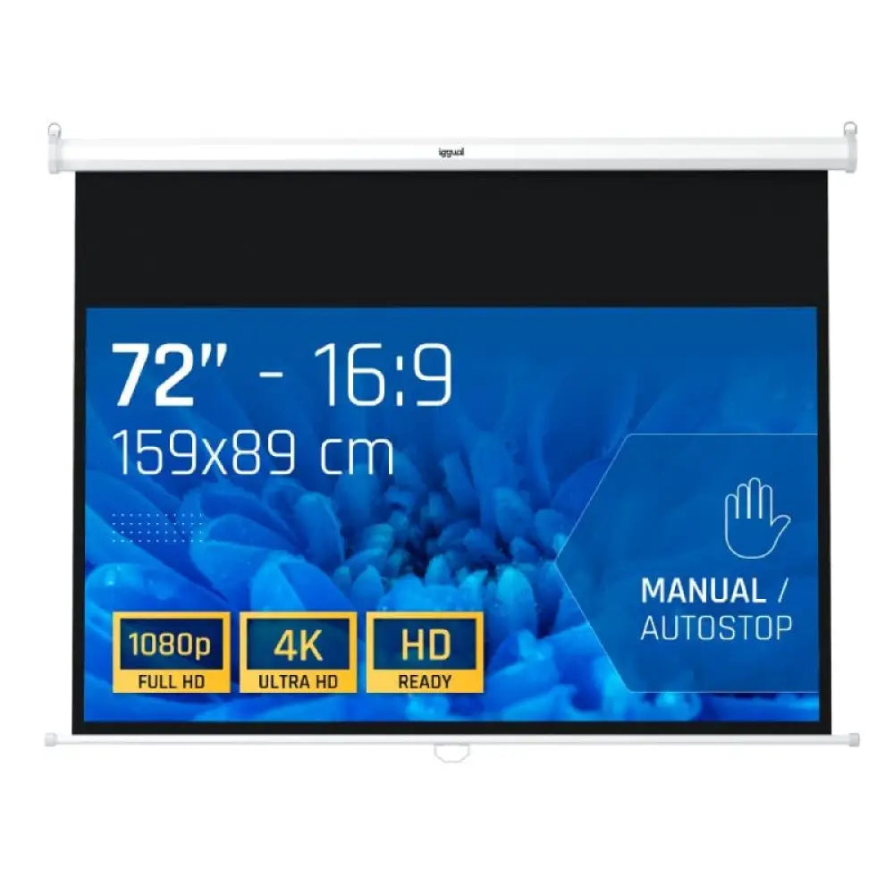 Pantalla manual interactiva IGGUAL de 72 pulgadas, formato 16:9, tamaño 159x89 cm, con superficie visible y marco.