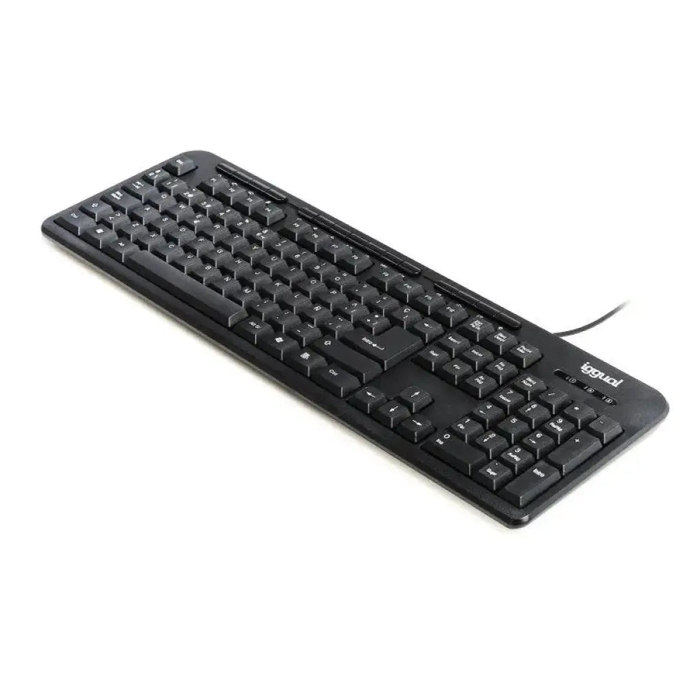 Teclado multimedia USB IGGUAL CK-BASIC-120T negro, teclado de computadora con teclas funcionales y diseño en negro.