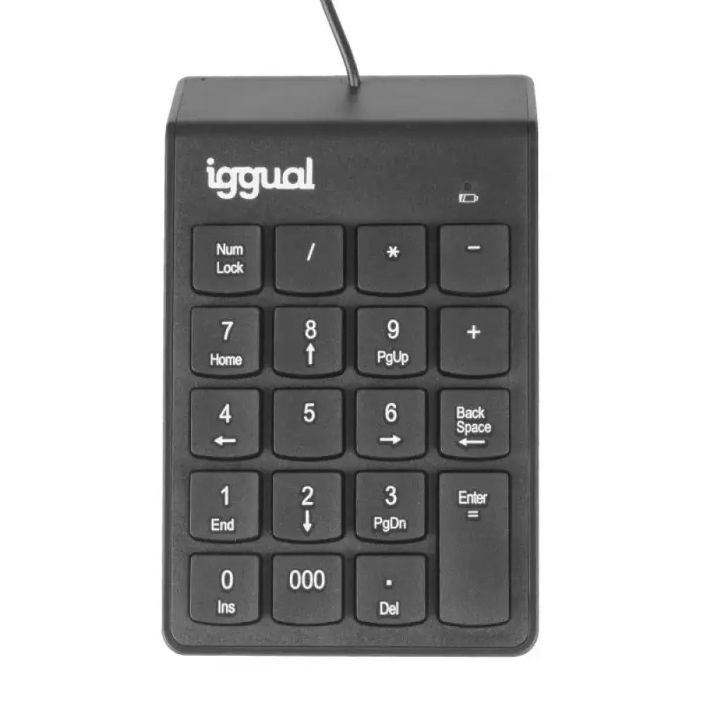 Teclado numérico USB negro de la marca IGGUAL, con teclas claras y diseño compacto para uso en computadoras.