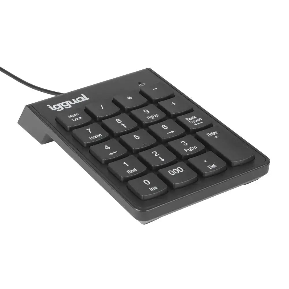 Teclado numérico USB negro de la marca IGGUAL, modelo CK-NUM-19T, con teclas para cálculos y funciones numéricas.