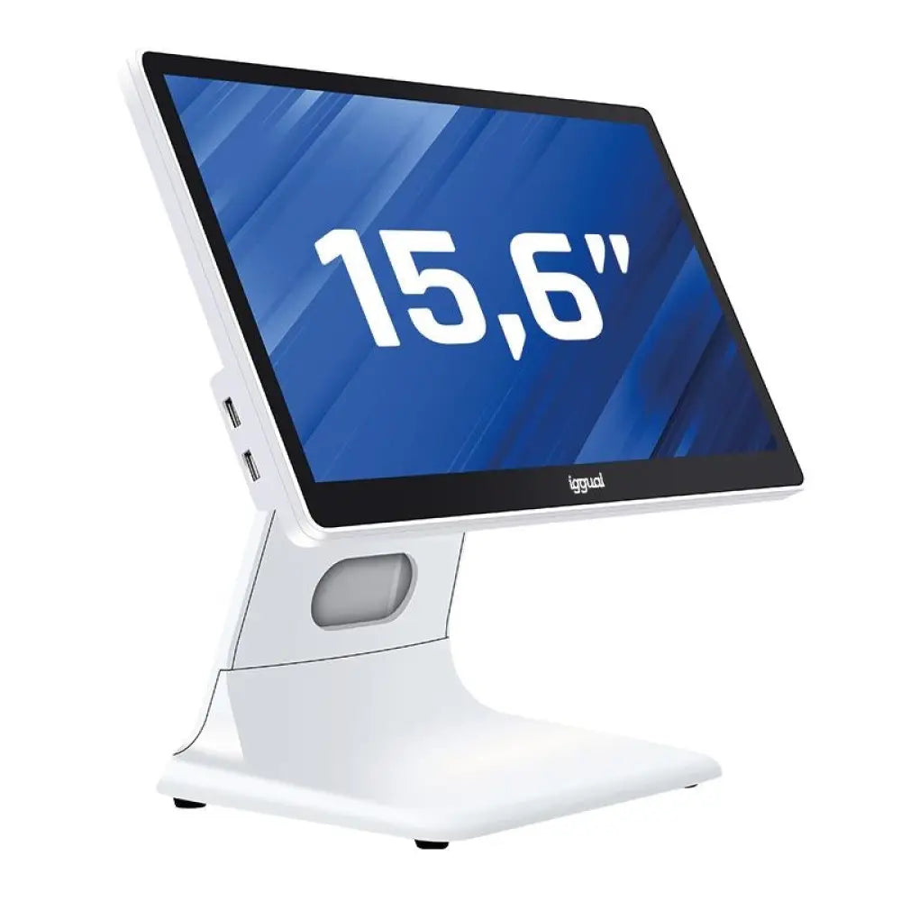 Monitor TPV IGGUAL de 15,6 pulgadas, pantalla blanca N100 con 8GB RAM, 256GB y Windows 11 Pro en la pantalla.