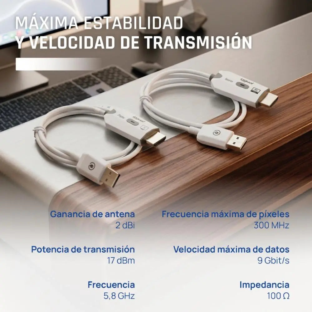 Transmisor y receptor HDMI FHD inalámbrico IGGUAL conectado a dispositivos para transmisión de imagen y sonido.