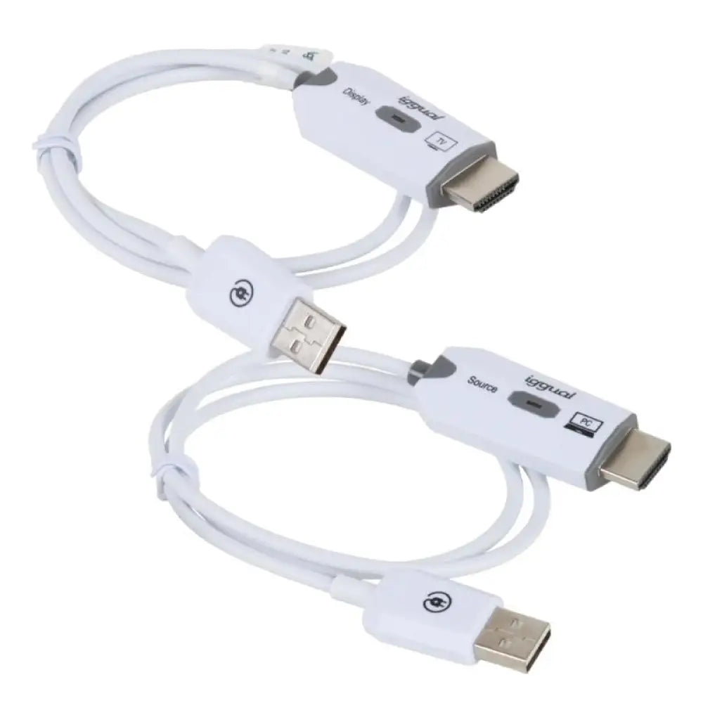 Transmisor y receptor HDMI inalámbrico IGGUAL con cable de imagen y sonido en funcionamiento.