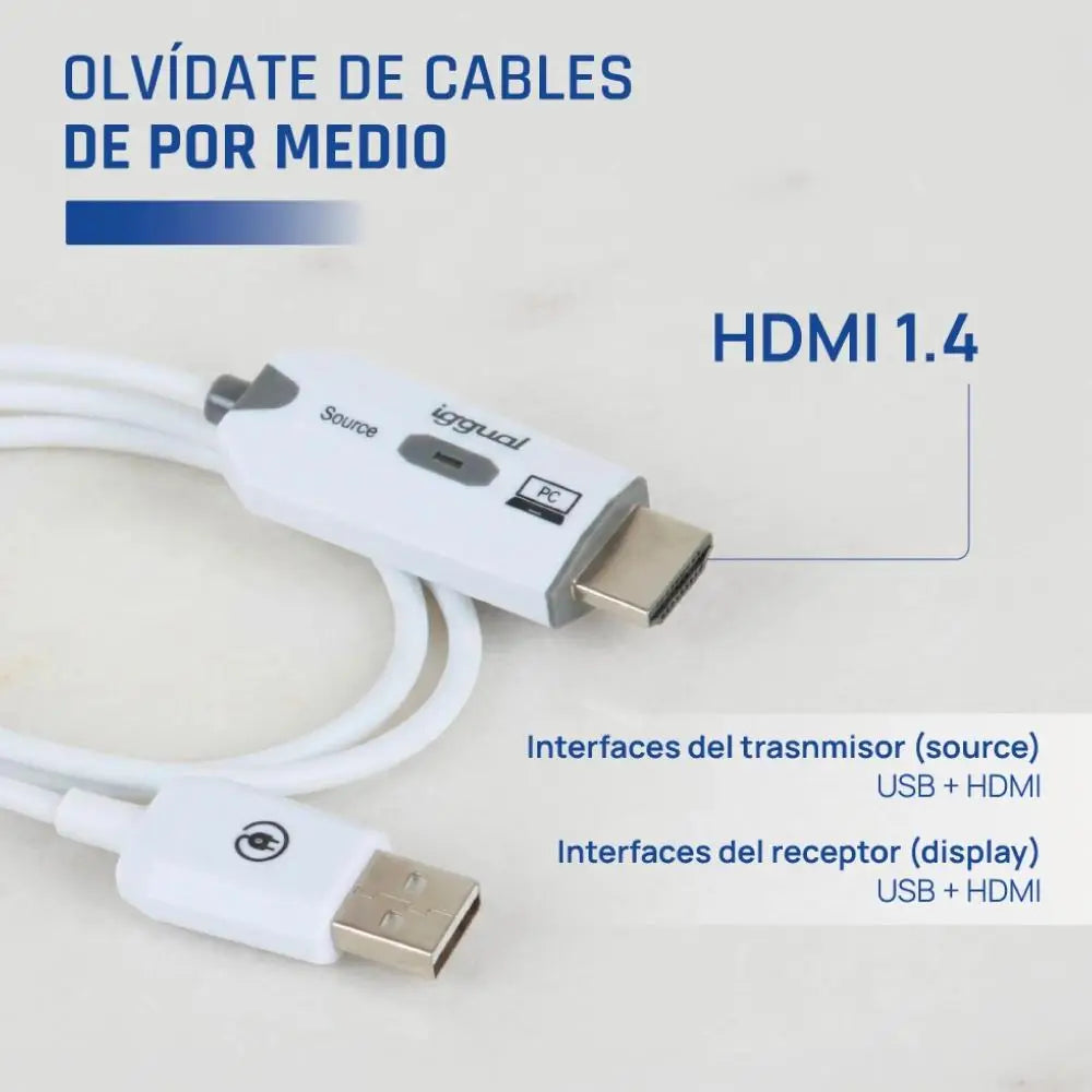 Transmisor y receptor HDMI FHD inalámbrico IGGUAL conectados a dispositivos para transmisión de video y audio en alta definición.
