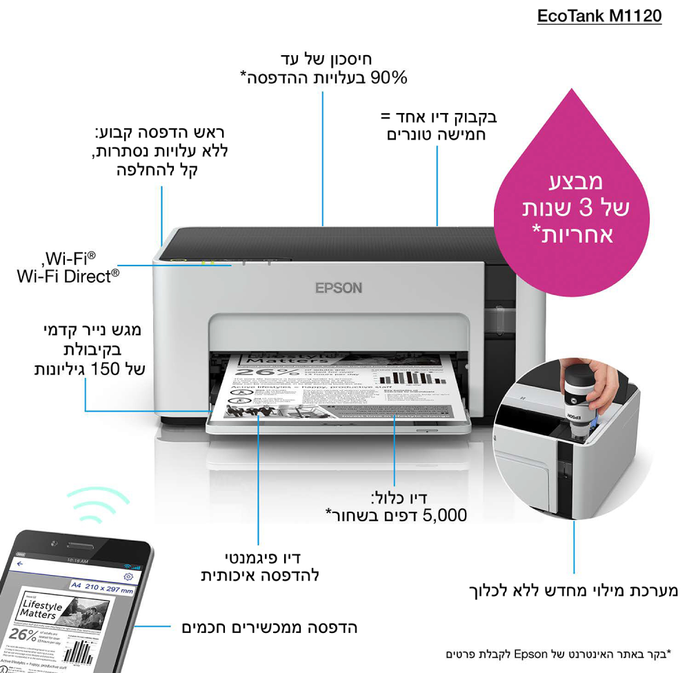 IMPRESORA EPSON MONOCROMO ECOTANK ET-M1120 A4 USB - detalle