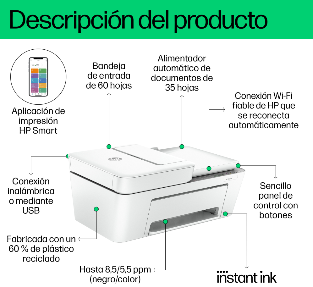 IMPRESORA MULTIFUNCION HP DESKJET 4220E WIFI FAX MOVIL BLANCA - detalle
