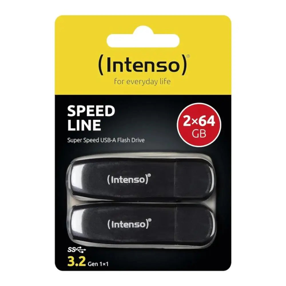 Dos pendrives USB Intenso 3533494 de 64GB con conexión USB 3.2, en paquete de dos, con diseño compacto y portátil.
