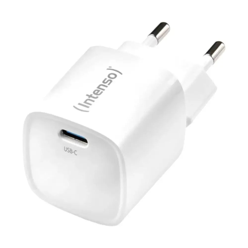 Cargador de pared INTENSO GaN W30C² USB-C blanco, compacto y ligero, con puertos USB-C para carga rápida.