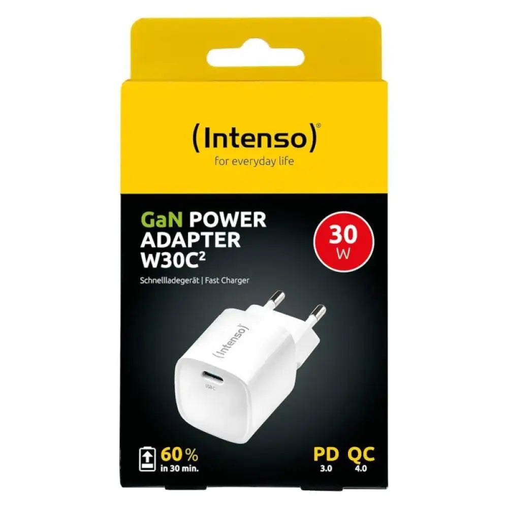 Cargador de pared INTENSO Intenso GaN W30C² USB-C blanco, compacto y moderno para cargar dispositivos rápidamente.